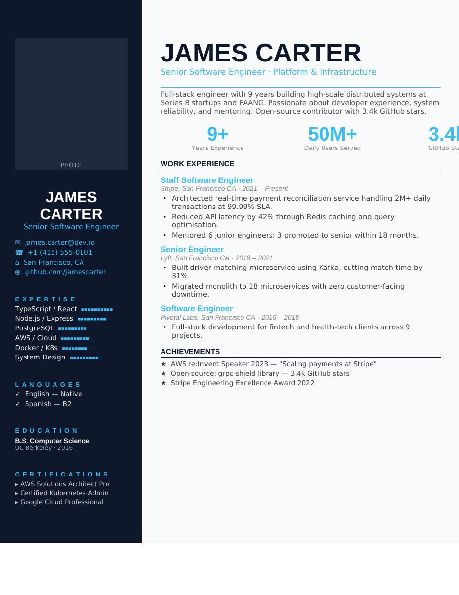 Dark Modern Software Engineer CV template preview