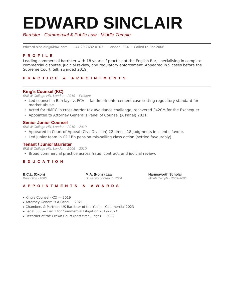 Ivy League Barrister CV template full preview