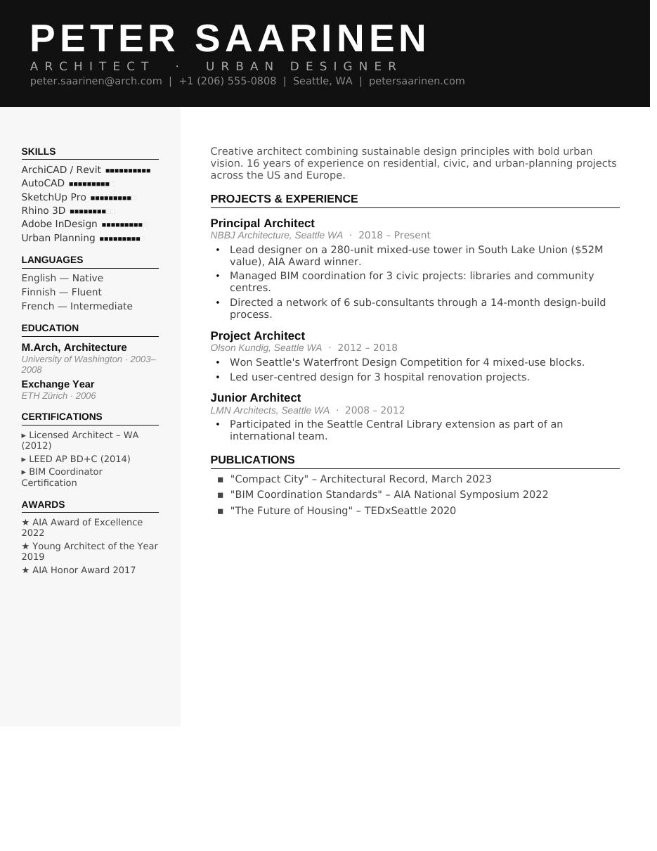 Monochrome Architect CV template preview