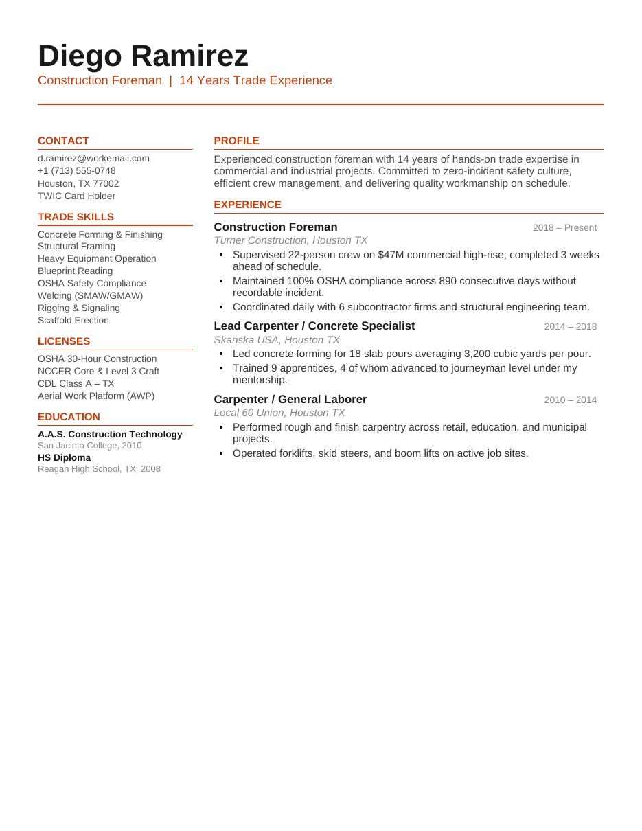 Construction Resume CV template preview